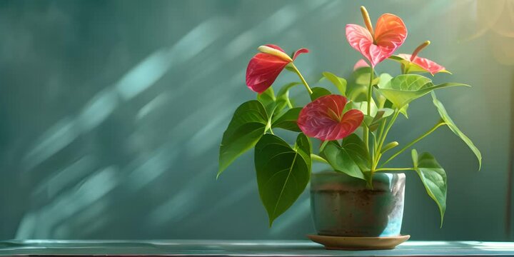 Anthurium (tailflower, flamingo flower, laceleaf) in Flowerpot Closeup, Anthurium Macro House Plant in Flowerpot on Blurred Background, Copy Space, Generative AI Illustration