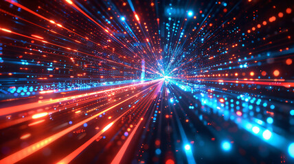 Obraz premium Glossy black surfaces intersected by glowing red and blue neon lines depict a dynamic high-speed data network.