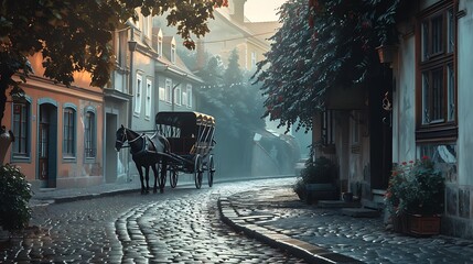 A horse carriage waiting on a cobblestone street in the serene ambiance of early morning mist. 8k, realistic, full ultra HD, high resolution and cinematic photography