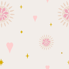 Cute boho minimalistic nursery background. Seamless pattern with hearts, stars, decorative elements. Beige, yellow and pink retro colors.