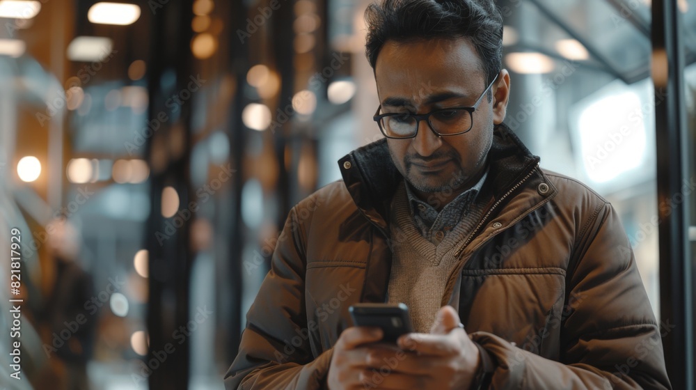 Canvas Prints Successful Indian man using smartphone in a bright, diverse office talking with clients and closing business deals.