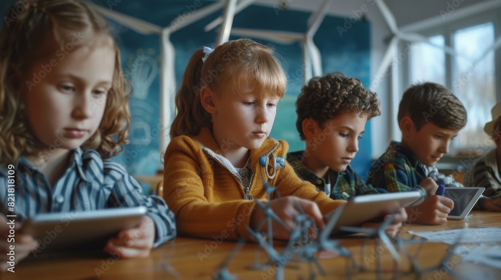 Poster children use tablet computers to program wind turbines in an elementary school class. classroom with