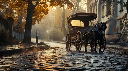 A horse carriage with golden accents on a cobblestone street in the soft light of a foggy morning. 8k, realistic, full ultra HD, high resolution and cinematic photography