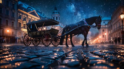 A horse carriage with intricate patterns waiting on a cobblestone street under a starlit sky. 8k, realistic, full ultra HD, high resolution and cinematic photography