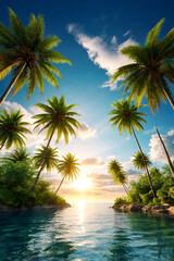 Tropical natural landscape with coconut palm trees at sky background, amazing tropic scenery. Concept of summer vacation and travel holiday. Fantastic sunrise for vacation design. Copy ad text space