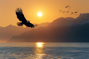 Obraz premium Eagle Soaring at Sunset Over Ocean