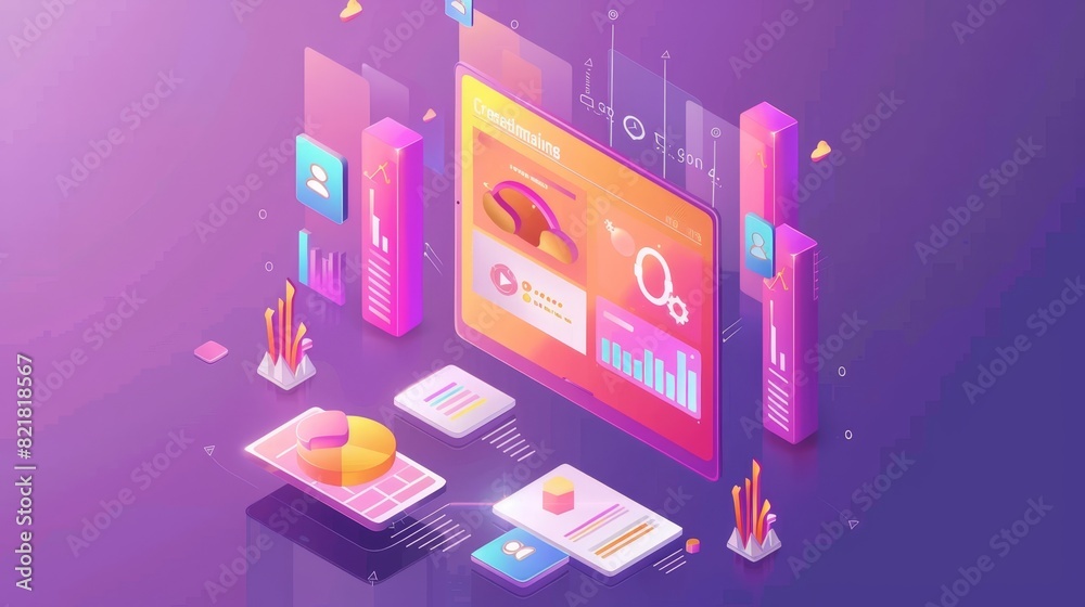 Poster In the 3D Modern format, there is a banner with the CRM logo. Marketing strategies and technologies for managing and developing client interactions are displayed on the device screen with graphs.