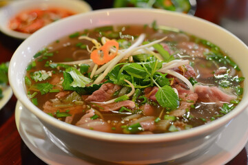 Traditional Vietnamese Pho with Beef, Fresh Herbs, and Rice Noodles in a Flavorful Broth