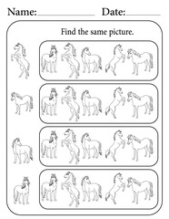 Horse Puzzle. Printable Activity Page for Kids. Educational Resources for School for Kids. Kids Activity Worksheet. Find Similar Shape