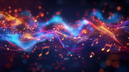 Obraz premium Vibrant abstract music notes and colorful sound waves on a dark background, symbolizing the energy and rhythm of music.