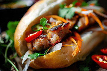 Grilled Pork Banh Mi Sandwich with Pickled Vegetables, Fresh Cilantro, and Chili Peppers