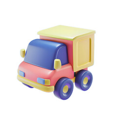 dump truck with a yellow top and purple sides on a blue glass