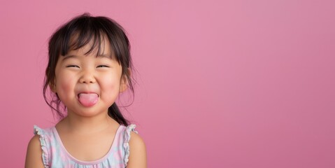 headshot portrait of playful female child tilted her head and shows her tongue standing over a pink isolated background