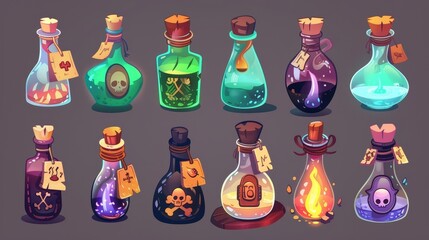 Set of poison elixirs and toxic chemicals in glass flasks. Set of skull and crossbones labels and tags on glass bottles.