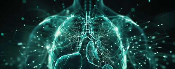 A cybercorethemed Xray image of a healthy male chest, highlighting key anatomical structures like the lung, heart, and spine with digital overlays for a cuttingedge look