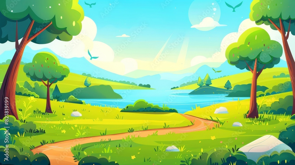 Wall mural An illustration of a summer landscape featuring a blue lake, green fields, a footpath leading to the water, birds flying high in a sunny sky and hills on the horizon. - Wall murals