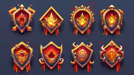 The icon set includes cartoon symbol sets in different shapes with a fantasy gold border and red decoration. The icons are isolated on a blue background.