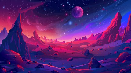Modern illustration of a fantastic alien planet with red rocky surfaces and many stars on the horizon. Background for cosmic adventure game. Galaxy exploration.
