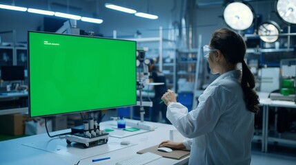 Engineers and managers examine a green mock-up screen whiteboard at a modern industrial factory meeting: Confident female engineer makes a report