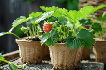 Small Fragaria strawberry seedlings in a peat pot at home Hobbies, indoor gardening, growing fruits from seeds 