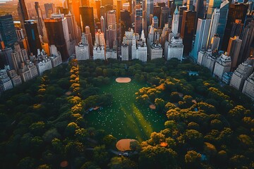 Aerial Helicopter Photo Over Central Park with Nature, Trees, People Having Picnic and Resting on a Field Around Manhattan Skyscrapers Cityscape. Beautiful Evening with Warm Sunset Light