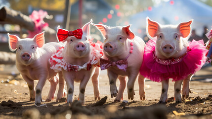 pigs dressed up and walking down street