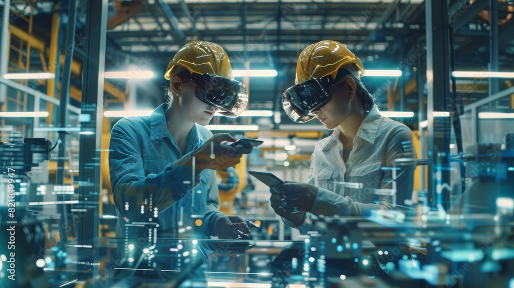 Poster this is a portrait of two professional engineers using an industrial tablet to work with augmented r