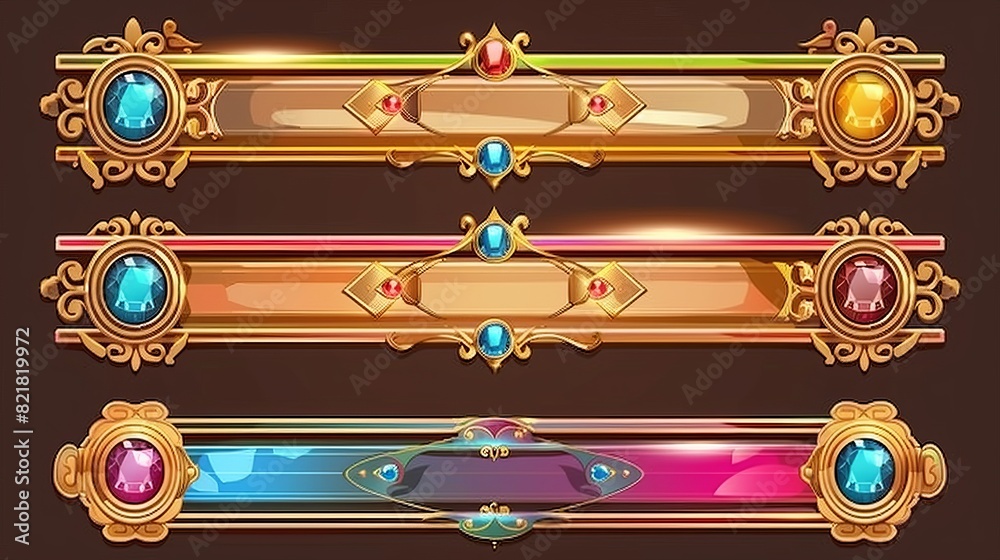 Aufkleber border ui button design for fantasy games. a gold metal interface element icon for a rpg. a divider 