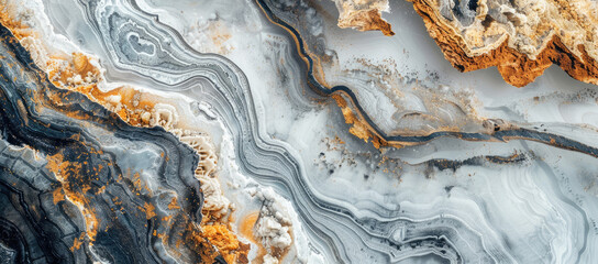 Fototapeta premium Aerial view of abstract grey, white and orange marble pattern with fluid lines in fluid stripes style