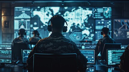 Naklejka premium A team of army officers wearing headsets monitor national security, technology, and communications from a central office.