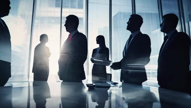 Double exposure image of silhouettes of many business people conference group meeting in city office building in background showing successful partnership in business deal. Concept of teamwork, trust 