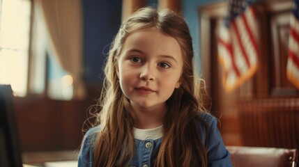 At the press conference in the government building, the girl activist greets visitors before she makes her speech to Congress. United States flags rise behind her.