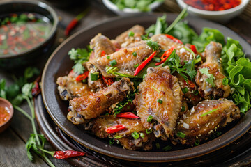Spicy Grilled Chicken Wings with Fresh Herbs and Chili Peppers on a Rustic Plate
