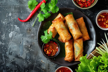 Crispy Spring Rolls with Dipping Sauce and Fresh Herbs on a Dark Plate