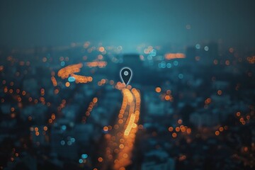 Abstract cityscape at night with bokeh lights and a location pin icon. Conceptual representation of urban navigation, technology, and connectivity with a modern design - AI generated