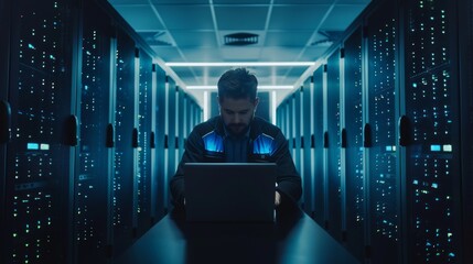 Using laptop computer to run a data center. Working in a cloud computing facility with an adult male system administrator.