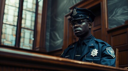 Portrait of a Black Policeman Witness Giving Testimony to a Judge and Jury. African American Officer Giving Evidence. Law Enforcement Agent in Courthouse.