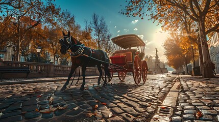 A stately horse carriage on a cobblestone street at high noon with a vibrant, clear sky. 8k, realistic, full ultra HD, high resolution and cinematic photography