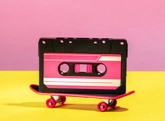 Creative still life with audio tape on  skateboard on yellow  and pink background.
