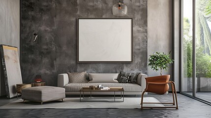 Display your artwork with this living room wall poster mockup featuring an ISO A paper size frame. The modern interior design and house background provide a perfect setting in this 3D render.
