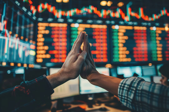 High five, teamwork and business people celebrate stock market growth, investment profit, NFT success or bitcoin mining.