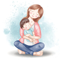 Prinmom and son watercolor illustration for mother's day