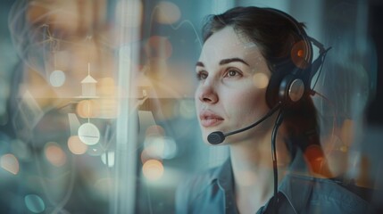 A businesswoman wearing a headset provides service on a video conference call to support a remote customer. Call center, telemarketing, and customer service agents are present in the office.