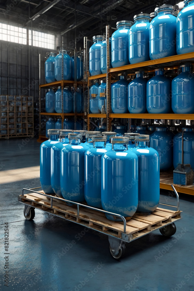 Wall mural Industrial interior of warehouse storage of chemical liquids on racks and trolley. Liquid blue package storage in warehouse. Concept of industry warehousing and stored of goods. Copy ad text space