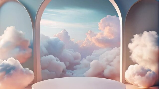  Podium with sky, Blue and Pink, 3D background, magical pedestal presentation, pink clouds  in the background