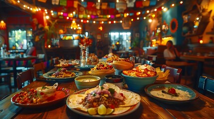 A vibrant restaurant filled with an array of colorful Mexican dishes on a rustic wooden table, surrounded by a festive atmosphere.