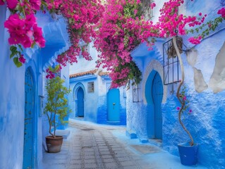 Vivid blue walls with pink flowers in a charming Moroccan alley