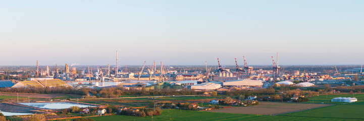 Aerial view of the industrial and port area of Ravenna ,chemical and petrochemical...