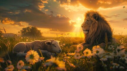 The scene captures the essence of both meekness and strength in a harmonious and visually stunning composition.
