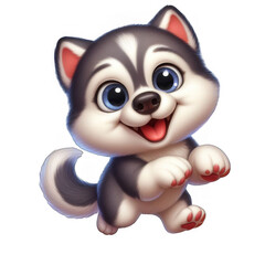 Funny and playful husky or pet dog is playing and jumping and looks happy isolated on transparent background. Little husky dog pretending. Cute and happy crazy dog ​​head smiling on transparent png